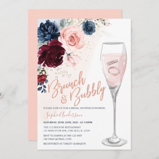 Navy Blue Bourgogne Blush Bloemen Brunch en Bubbly Kaart (Voorkant / Achterkant)