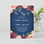Navy Blue Bourgogne Blush Bloemen Mason Jar Weddin Kaart (Staand voorkant)
