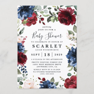 Navy Blue Bourgogne Blush Roze Bloemen Baby shower Kaart