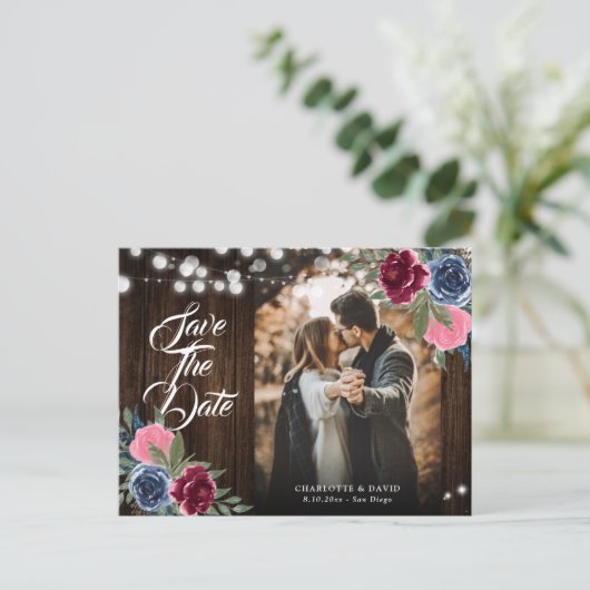 Navy Blue Bourgogne Blush Roze Bloemen Huwelijksfo Briefkaart (Staand voorkant)