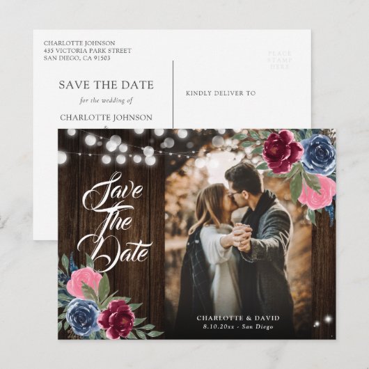 Navy Blue Bourgogne Blush Roze Bloemen Huwelijksfo Briefkaart (Voorkant / Achterkant)