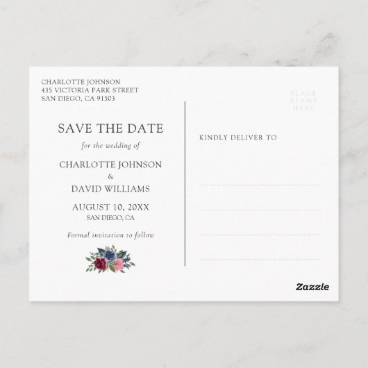 Navy Blue Bourgogne Blush Roze Bloemen Huwelijksfo Briefkaart (Achterkant)