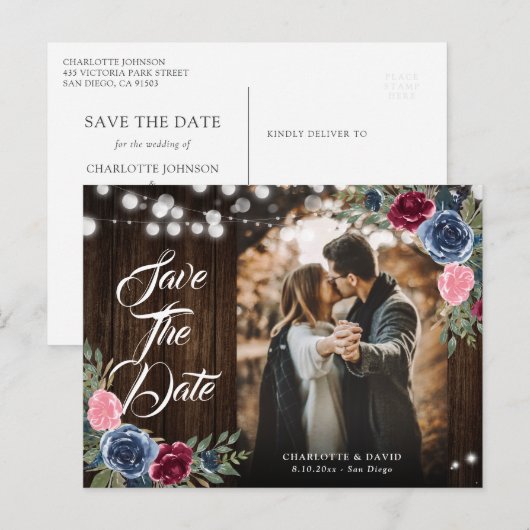 Navy Blue Bourgogne Blush Roze Bloemen Huwelijksfo Briefkaart (Voorkant / Achterkant)