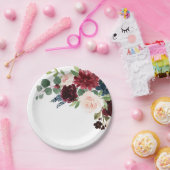 Navy Blue Bourgogne Blush Roze Botanische Huwelijk Papieren Bordje (Feest)