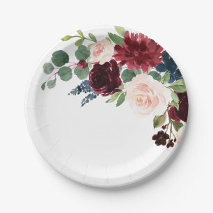 Navy Blue Bourgogne Blush Roze Botanische Huwelijk Papieren Bordje