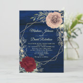 Navy Blue Bourgogne Blush Roze en Gouden Huwelijk Kaart (Staand voorkant)