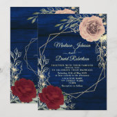 Navy Blue Bourgogne Blush Roze en Gouden Huwelijk Kaart (Voorkant / Achterkant)