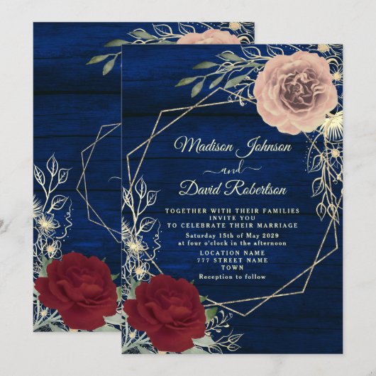 Navy Blue Bourgogne Blush Roze en Gouden Huwelijk Kaart (Voorkant / Achterkant)