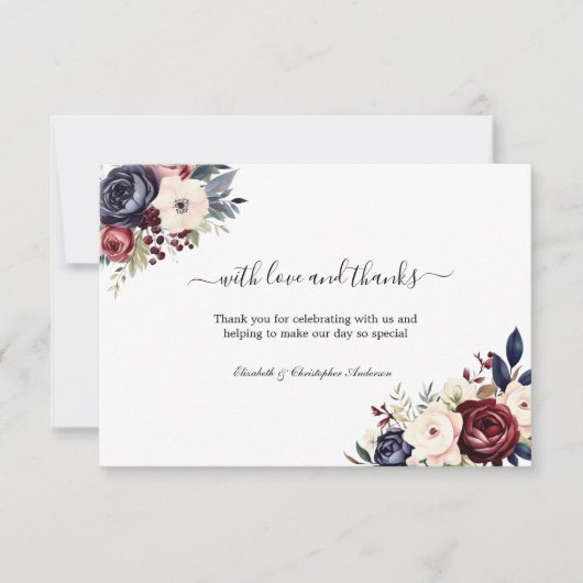 Navy Blue Bourgogne Cream Bloemen Groen Bruiloft Bedankkaart (Voorkant)