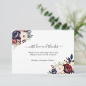 Navy Blue Bourgogne Cream Bloemen Groen Bruiloft Bedankkaart (Staand voorkant)