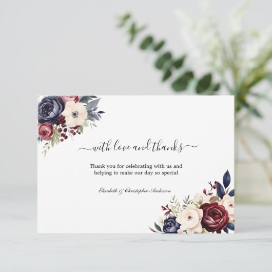 Navy Blue Bourgogne Cream Bloemen Groen Bruiloft Bedankkaart (Staand voorkant)