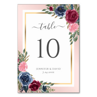 Navy Blue Bourgogne en Blush Bloemen Tafelnummer