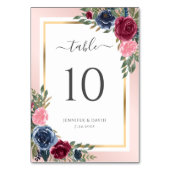 Navy Blue Bourgogne en Blush Bloemen Tafelnummer (Achterkant)