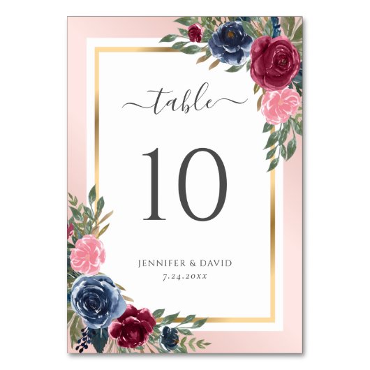 Navy Blue Bourgogne en Blush Bloemen Tafelnummer (Voorkant)