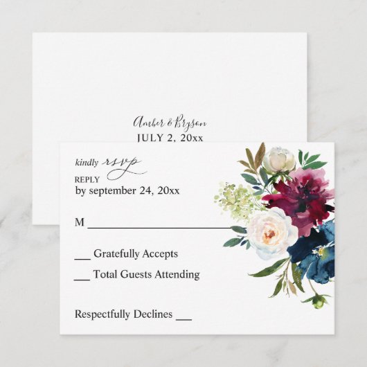Navy Blue, Bourgogne en White Floral no Meal RSVP (Voorkant / Achterkant)