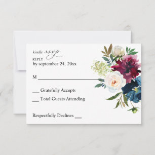 Navy Blue, Bourgogne en White Floral no Meal RSVP Kaartje