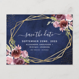 Navy Blue Bourgogne Geometrische Bloemen Save the  Aankondigingskaart