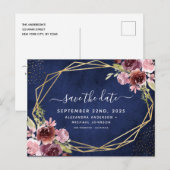 Navy Blue Bourgogne Geometrische Bloemen Save the  Aankondigingskaart (Voorkant / Achterkant)