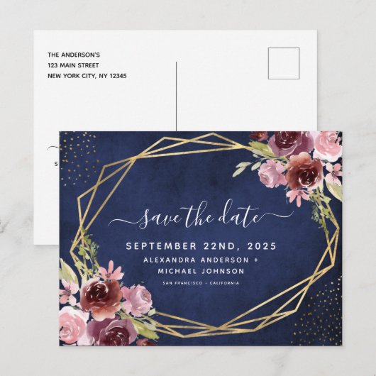 Navy Blue Bourgogne Geometrische Bloemen Save the  Aankondigingskaart (Voorkant / Achterkant)