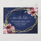 Navy Blue Bourgogne Geometrische Bloemen Save the Aankondigingskaart (Voorkant)