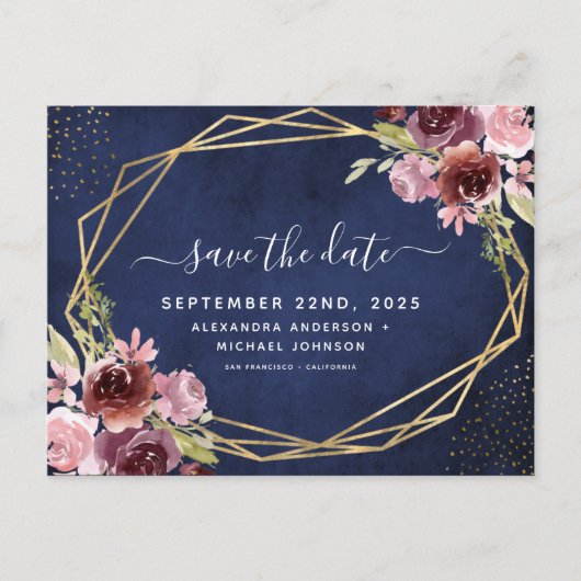 Navy Blue Bourgogne Geometrische Bloemen Save the  Aankondigingskaart (Voorkant)