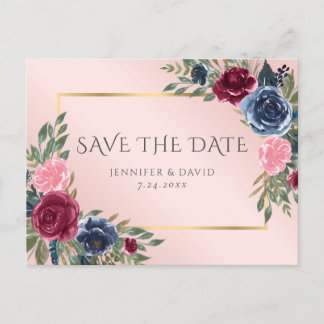 Navy Blue Bourgogne Gold Blush Bloemen Bewaar de d Aankondigingskaart