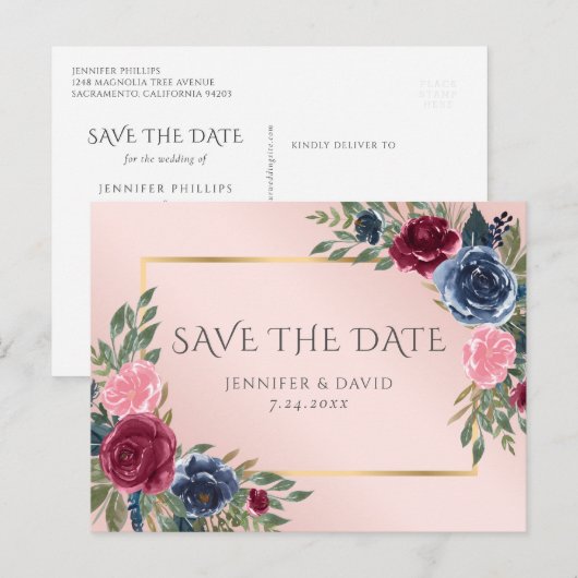 Navy Blue Bourgogne Gold Blush Bloemen Bewaar de d Aankondigingskaart (Voorkant / Achterkant)