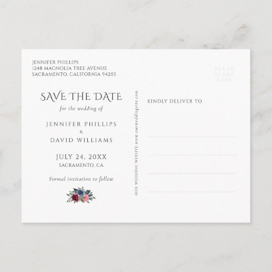 Navy Blue Bourgogne Gold Blush Bloemen Bewaar de d Aankondigingskaart (Achterkant)