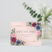 Navy Blue Bourgogne Gold Blush Bloemen Bewaar de d Aankondigingskaart (Staand voorkant)