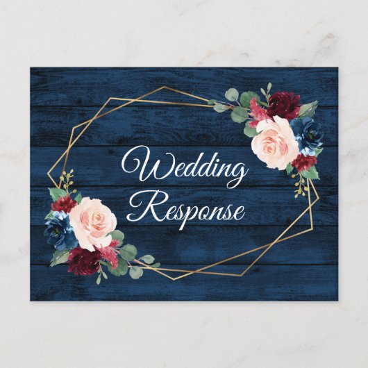 Navy Blue Bourgogne Gold Blush Country Wedding RSV Briefkaart (Voorkant)