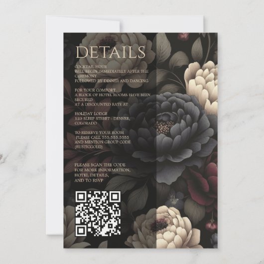 Navy Blue & Bourgogne Moody Bloemen met QR-code Kaart (Achterkant)