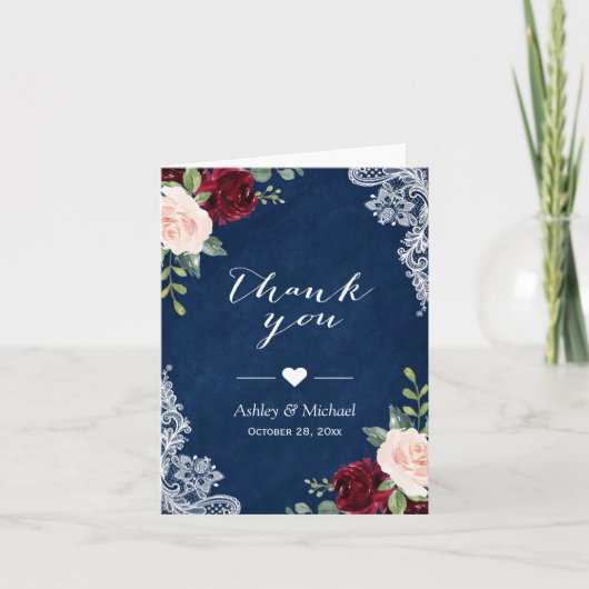 Navy Blue Bourgogne Red Blush Bloemen Kant Dank u Bedankkaart (Voorkant)