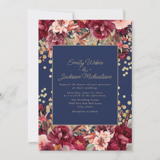 Navy Blue Bourgogne Roze Bloemen Goud Glitter Kaart (Voorkant)