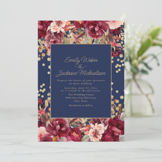 Navy Blue Bourgogne Roze Bloemen Goud Glitter Kaart (Staand voorkant)