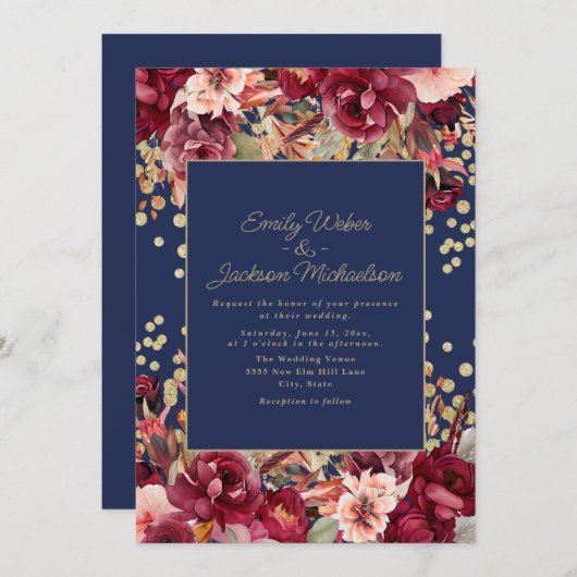 Navy Blue Bourgogne Roze Bloemen Goud Glitter Kaart (Voorkant / Achterkant)
