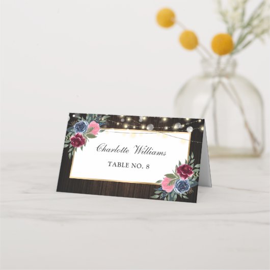 Navy Blue Bourgogne Roze Bloemen Trouwplaats Kaart Plaatskaartje (Voorkant)