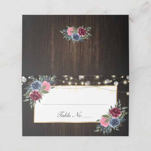 Navy Blue Bourgogne Roze Bloemen Trouwplaats Kaart Plaatskaartje (Buitenkant ongevouwen)