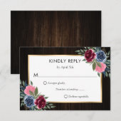 Navy Blue Bourgogne Roze Goud Bloemen Huwelijk RSVP Kaartje (Voorkant / Achterkant)