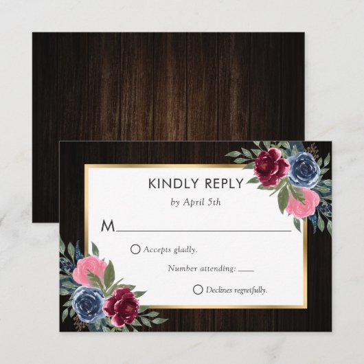 Navy Blue Bourgogne Roze Goud Bloemen Huwelijk RSVP Kaartje (Voorkant / Achterkant)