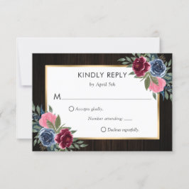 Navy Blue Bourgogne Roze Goud Bloemen Huwelijk RSVP Kaartje