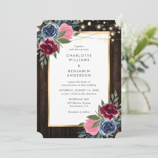 Navy Blue Bourgogne Roze Goud Rustiek Hout Bloemen Kaart (Staand voorkant)