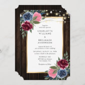 Navy Blue Bourgogne Roze Goud Rustiek Hout Bloemen Kaart (Voorkant / Achterkant)