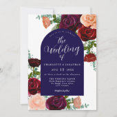 Navy Blue Bourgogne Rustic Floral Fall Wedding Kaart (Voorkant)