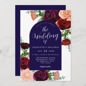 Navy Blue Bourgogne Rustic Floral Fall Wedding Kaart (Voorkant / Achterkant)