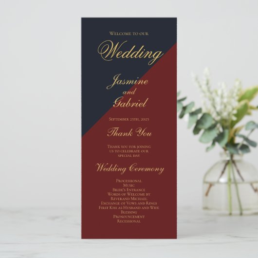 Navy Blue Bourgogne Wedding Programma Programmakaart (Staand voorkant)