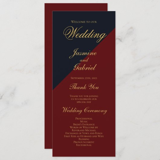 Navy Blue Bourgogne Wedding Programma Programmakaart (Voorkant / Achterkant)