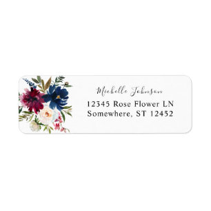 Navy Blue, Bourgogne & White Floral Return Address Etiket