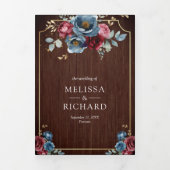 Navy Blue Bourgondië Bloemen Ampersand Hout Huweli Drieluik Uitnodiging (Cover)