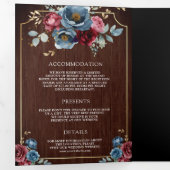 Navy Blue Bourgondië Bloemen Ampersand Hout Huweli Drieluik Uitnodiging (Binnenzijde eerst)