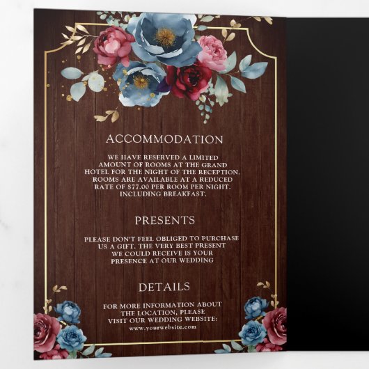 Navy Blue Bourgondië Bloemen Ampersand Hout Huweli Drieluik Uitnodiging (Binnenzijde eerst)